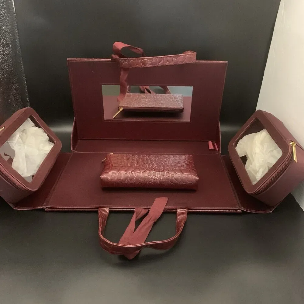 NEW Vintage Estee Lauder Burgundy Hard Makeup Travel Case Alligator Style Trim